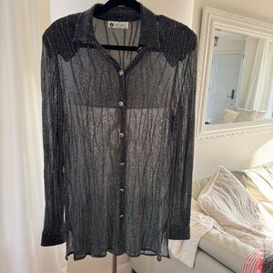 Vintage CHAGALL black and silver metallic Sheer  Blouse 80s shoulder pads